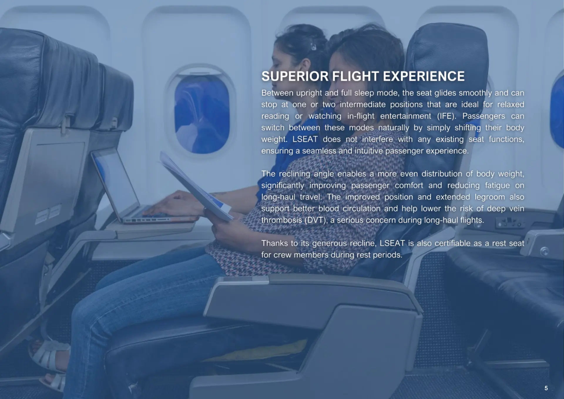 Passenger reclined in an Economy seat equipped with LSEAT — 6/7