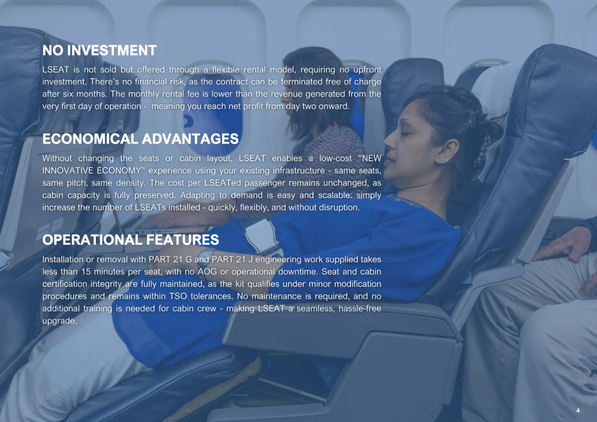 Passenger reclined in an Economy seat equipped with LSEAT — 5/7