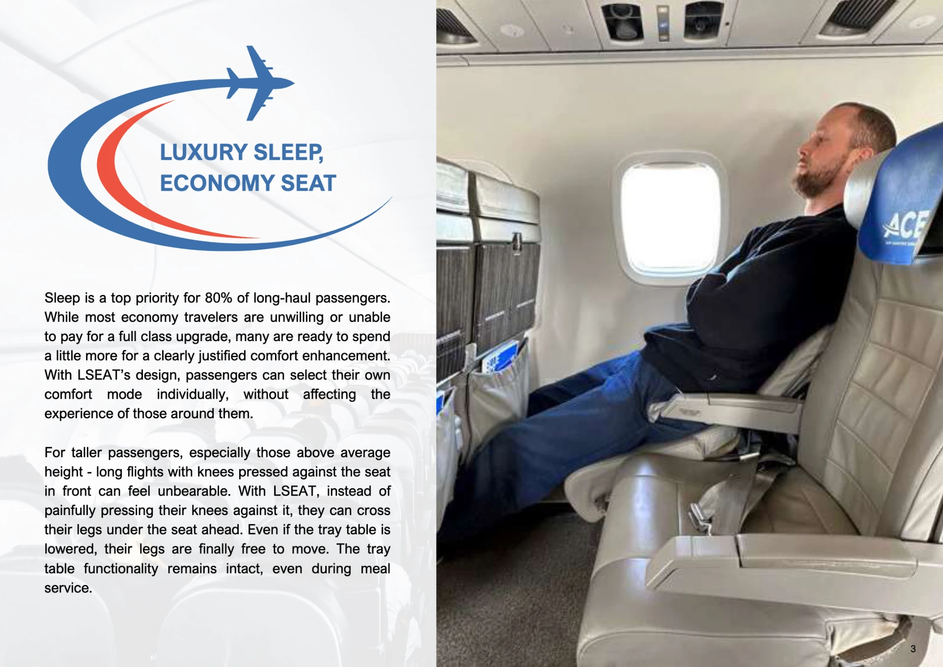 Passenger reclined in an Economy seat equipped with LSEAT — 4/7